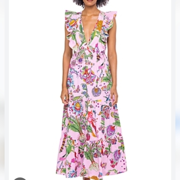 BANJANAN Orion Maxi Dress In Psychedelia Bonbon 6 Ruffle Sleeve Tiered Skirt - Picture 1 of 12